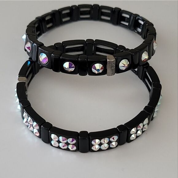 Bracelets Black Crystal Aurora Borealis Stretch Bracelets Set of 2 #0036 - Picture 5 of 13